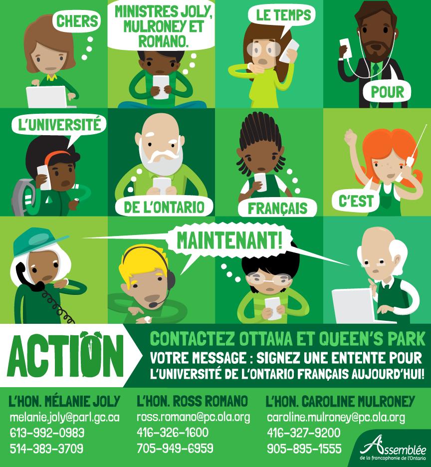 <a href="/MonAssemblee/">Mon Assemblée</a> fait appel à la mobilisation des #onfr : contactez <a href="/RossRomanoSSM/">Ross Romano</a> <a href="/C_Mulroney/">Caroline Mulroney</a> <a href="/melaniejoly/">Mélanie Joly</a> : il faut signer l'entente sur <a href="/universiteON/">Université de l’Ontario français</a> maintenant, il est minuit moins une! Illustration: @mkeelanbishop.
#RespectFranco #NousSommesNousSerons #onfr #onpoli #frcan