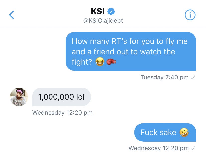 So @KSIOlajidebt said if this tweet gets 1,000,000 RT’s he will fly me &amp; a friend out to LA to watch the fight! 

Is it even possible? 🤣

Let’s go for it anyway 🤷🏼‍♂️