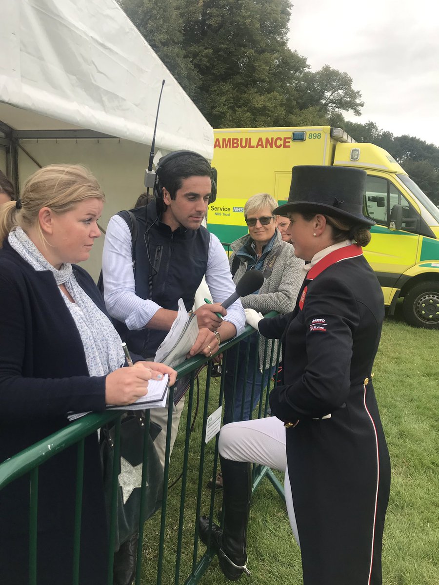 After a fab dressage test @Piggy_French talking to <a href="/TeamWayEventing/">Ben Way</a> for us . 26.9 puts her in a tie for 1st @LRBHT_Official