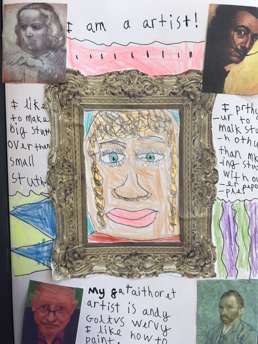 GomersalArt's tweet photo. "I am an artist" is the phrase every Y3 child has thought about this week. After cutting out a gilt frame, they drew a self portrait - wrote some facts about themselves, as artists and discussed what they would like to achieve this year. #primaryart https://t.co/jvVLkRjehq