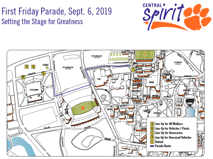 clemson_parking's tweet image. Happy #SolidOrangeFriday ! Make sure to watch the First Friday Parade starting at 6 PM tonight. See below for the new route -- expect road closures and delays in the area around parade time!