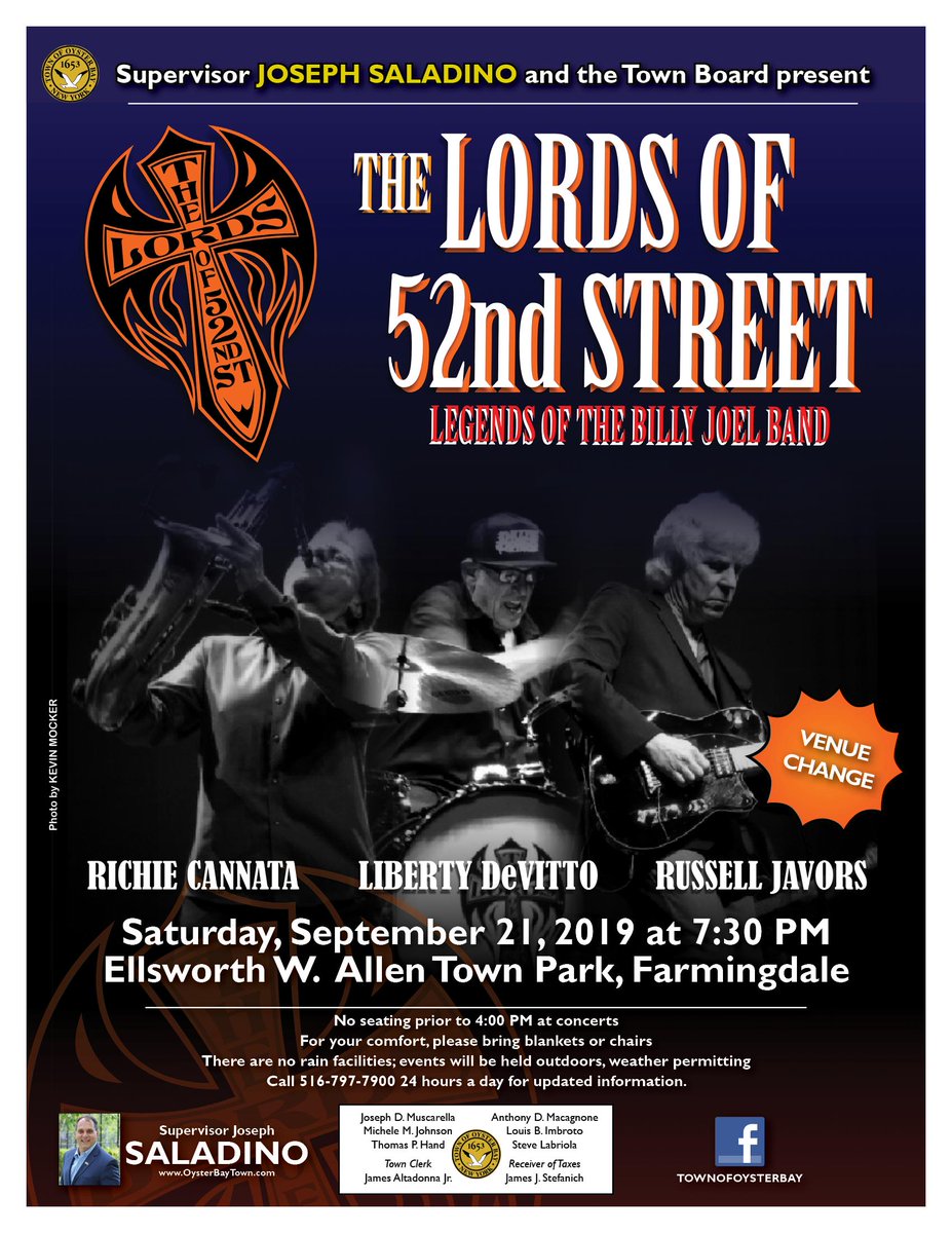 Oyster Bay Town Supervisor <a href="/JosephSaladino9/">Supervisor Saladino</a> today announced that the The Lords of 52nd Street will play ‘one last summer blast’ concert at Allen Town Park in Farmingdale on Saturday, September 21st at 7:30 pm.

More info here: facebook.com/events/1008297…