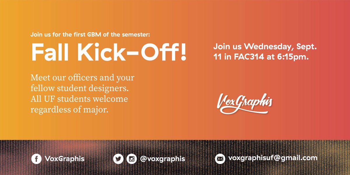 voxGraphis's tweet image. We’re back and ready for Fall! Come join other students passionate about design at our kick-off meeting this Wednesday in room FAC314 at 6:15 pm! 🎨 All UF students are welcome regardless of major.