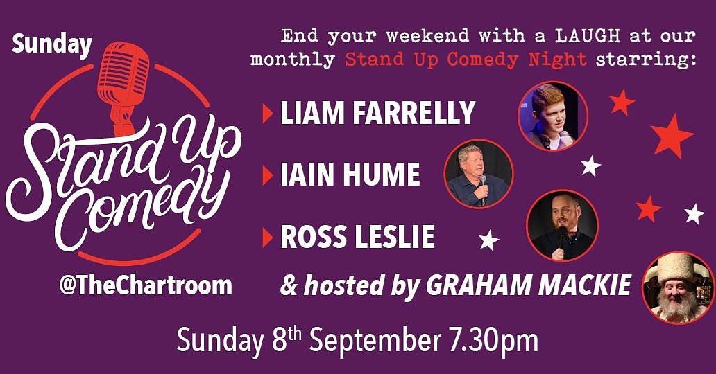 Join Liam Farrelly, @iainhumecomedy, @RossLeslieGuy and @graham19590 this Sunday 8th September @TheChartroom #KipMarina #Inverkip #Inverclyde #Scotland. Tickets available via eventbrite.co.uk/e/sunday-stand… #Comedy #Entertainment #ScotlandIsNow #VisitScotland  #DiscoverInverclyde