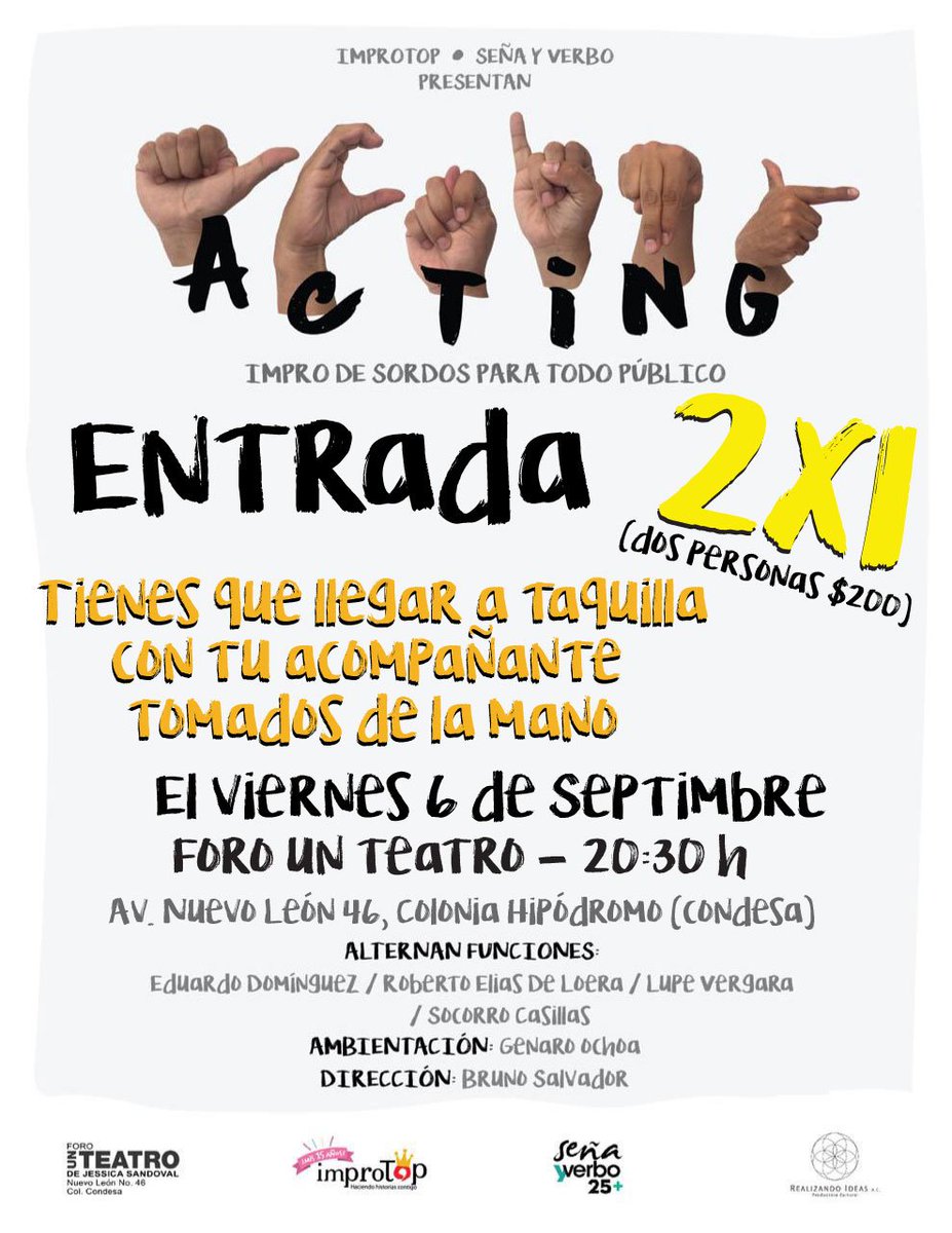 SyVTeatro's tweet photo. Recuerden que hoy es día de #Acting en el foro @UnTeatro junto a @ImproTOP 
#señayverbo #viernes #teatroenviernes #teatro #improteatro #teatrocdmx #2x1 #teatroparatodos https://t.co/vRoZl4EwC0