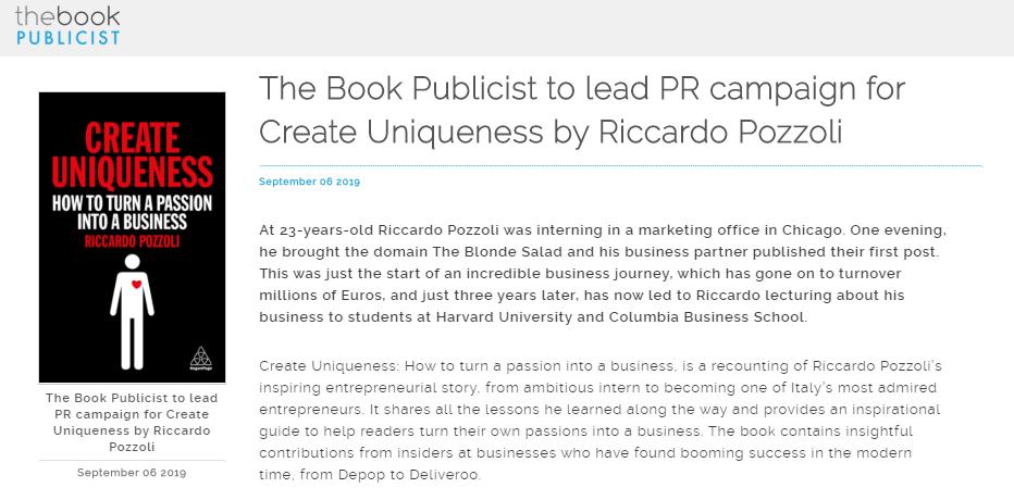 BookPublicistUK's tweet photo. We are delighted to be leading the PR campaign for new @KoganPage book Create Uniqueness by @RiccardoPozzoli 
#CreateUniqueness #Entrepreneur https://t.co/l2QfizkJQd https://t.co/cPvvoHDHxt
