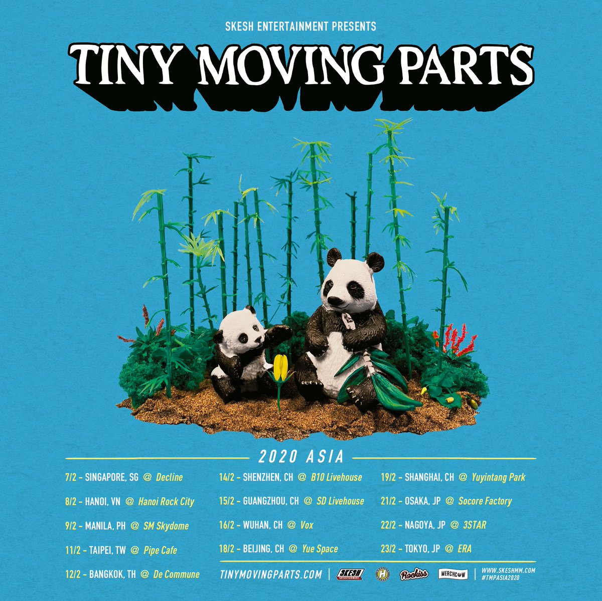 RockissCo's tweet photo. We are so stoked to announce @tinymovingparts return to Asia (finally!!💖) - happening in 2020! More news on tickets and the individual shows TOMORROW at 10AM.. Stay tuned 🙌🏻 
#TinyMovingParts #Rockiss #SkeshEntertainment #HopelessRecords #MerchCow #tmpasia2020 https://t.co/P6CmdKKF0k