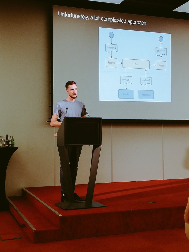 karol_kreft's tweet photo. On #PHPerSummit2019, @michalKurzeja on the stage, is talking about #SymfonyMessanger Queries, Commands, CQS, CQRS and message bases. https://t.co/NeBIrTQnEz