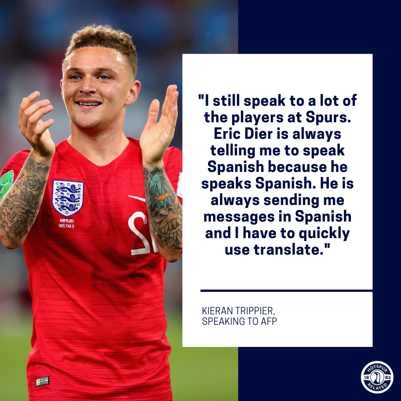HotspurRelated's tweet photo. Kieran Trippier says he still speaks to his former #thfc team-mates but has to use translate when talking to Eric Dier because he now sends messages in Spanish. https://t.co/SVKzDiGGP8