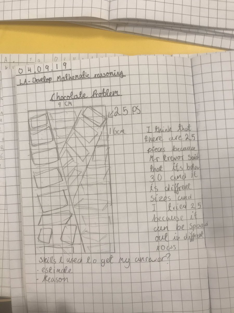 ArborPrimary's tweet photo. So the answer the year 6 maths problem I set this week, “How many chocolate pieces are there in a Dairy Milk Marvellous Creations bar?”, Is 26. Here are some of the journal entries from students explaining their thinking. #Arboryear6 #ArborMaths #MathsNoProblem https://t.co/qmBb7YO05e