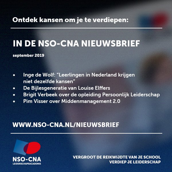 Lees nu onze NSO-CNA nieuwsbrief met achtergronden bij onze inspiratiedag met @inge_dewolf en Louise Elffers, Brigit Verbeek over Persoonlijk Leiderschap en @edialoog Pim Visser over de nieuwe opleiding Middenmanagement 2.0.

nso-cna.nl/nieuwsbrief