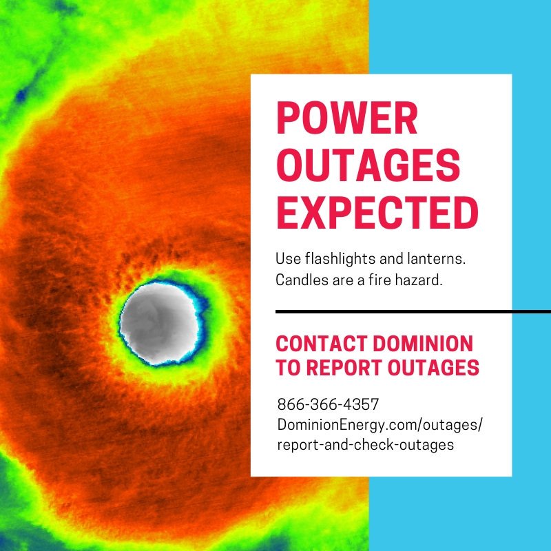 CityofVaBeach's tweet photo. Contact Dominion Energy to report power outages during the storm. https://t.co/cRQ1xPWydP…/report-and-check-outages #DorianVB https://t.co/ynvgoQIbxY