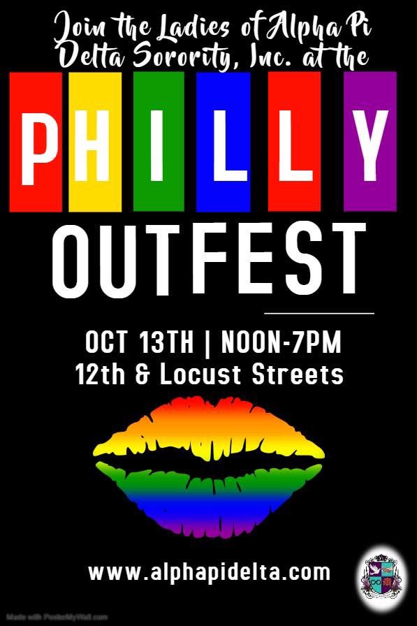 alphapiangels's tweet photo. Alpha Pi Delta Sorority, Inc. will be participating in Philly Outfest on October 13, 2019 from 12pm-7pm. We will have a tent set up, decked out with Alpha Pi Delta Sorority, Incorporated information. If you are in the area please come out and show your support for this event. https://t.co/ms3VJS2CkJ
