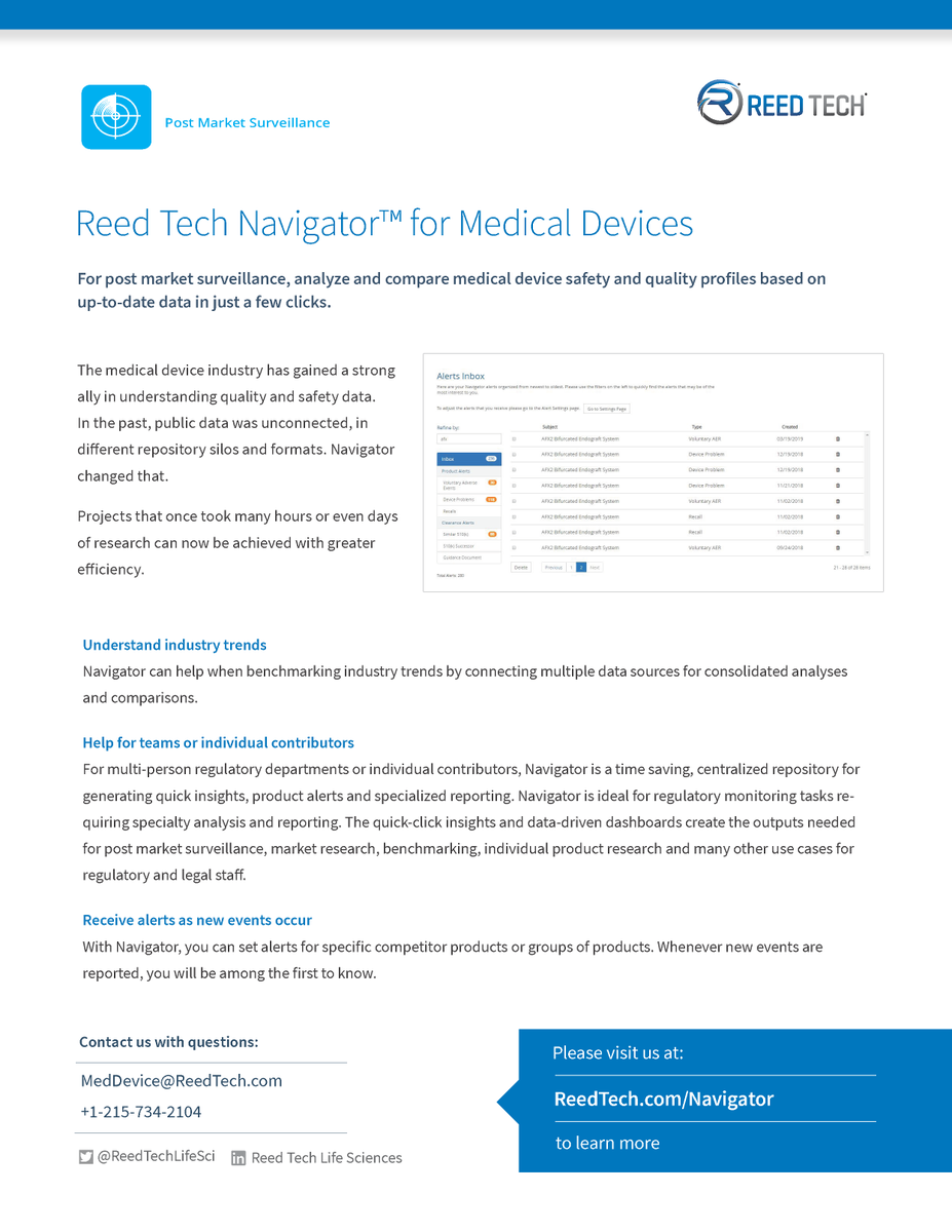 ReedTechLifeSci's tweet photo. In the past, public data on #medicaldevices was in different silos and formats. #Navigator changed that. Let us show you how to gain efficiency for #postmarketsurveillance. Contact Erin +1-215-734-2104
#regulatory #reedtech https://t.co/S6ko4lRdZF