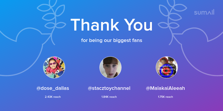 Our biggest fans this week: dose_dallas, stacztoychannel, MalakaiAleeah. Thank you! via sumall.com/thankyou?utm_s…