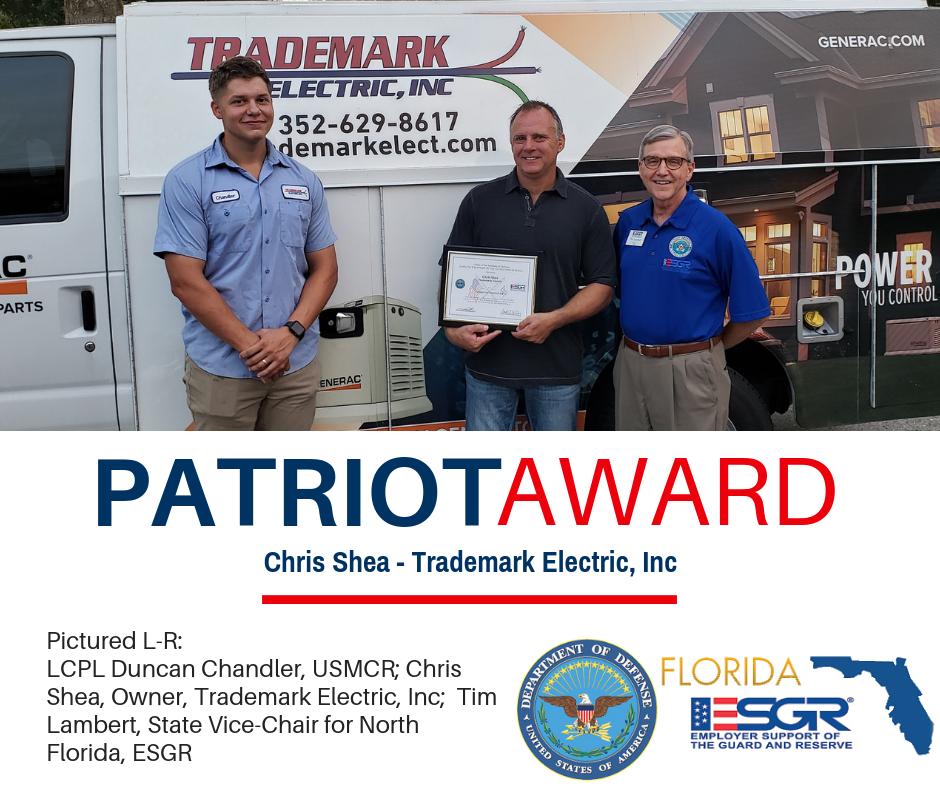 FL_ESGR's tweet image. #PatrioticEmployer Chris Shea of Trademark Electric received the @DeptofDefense Patriot Award for his exceptional support of the members of the #GuardReserves employed by the organization. Award requested by Lance Corporal Chandler Duncan, USMC Reserve #ESGR @ESGR