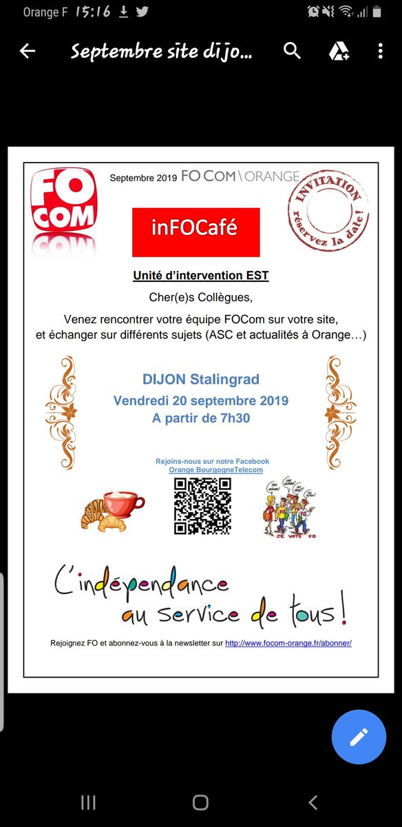 FOComOrangeB's tweet photo. Venez nombreux à Dijon Stalingrad le vendredi 20 septembre 
☕🥐 https://t.co/x8o2ouDE6i