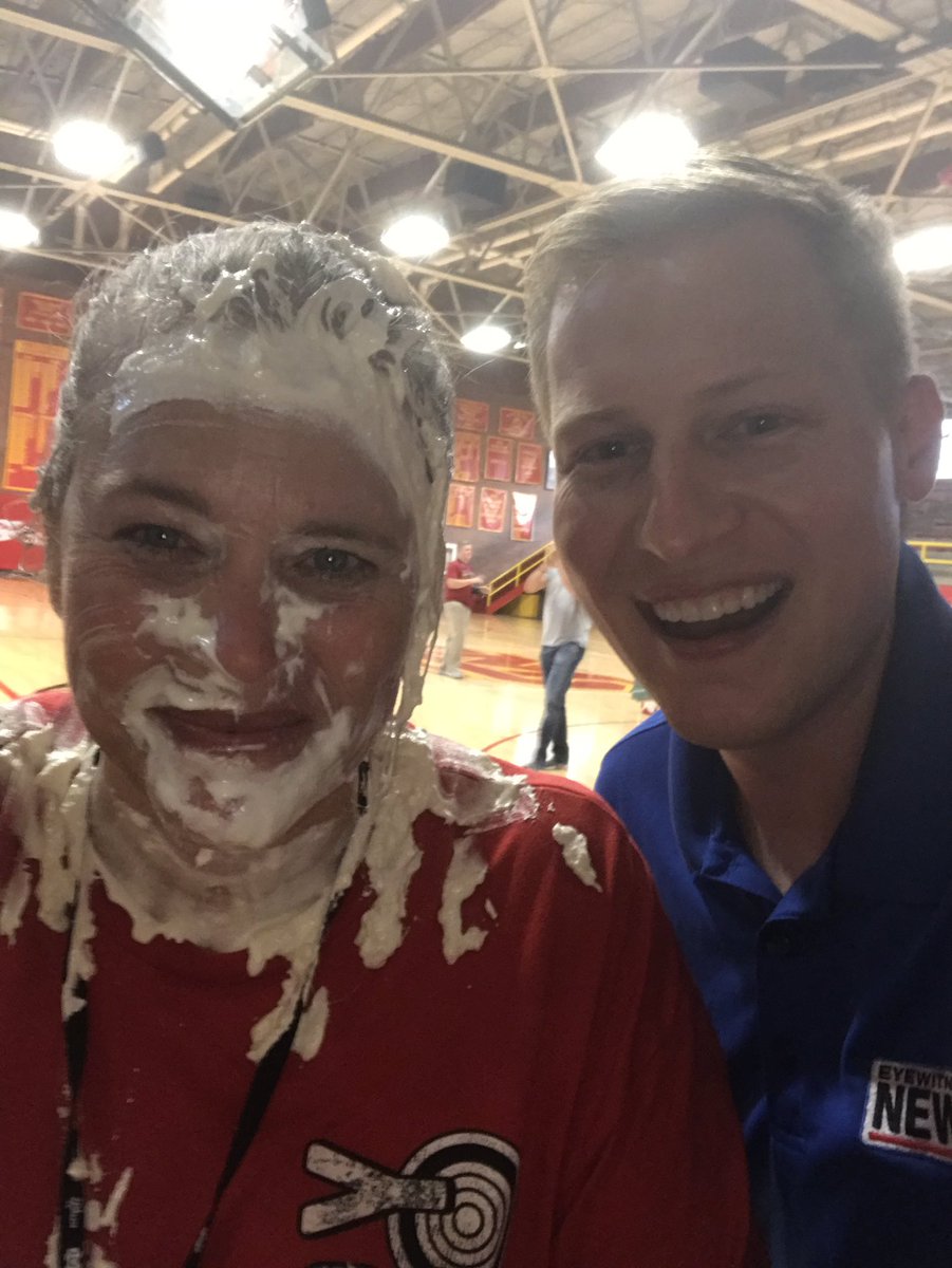 JakeBoswellNews's tweet photo. What an awesome morning @MaterDeiHS! Tons of students showed off their school spirit and Mrs. Strehl got a pie in the face via her son once again! Thanks to the Wildcats for a great #HTFPepRally on #Daybreak. https://t.co/T1qKDvpbRl