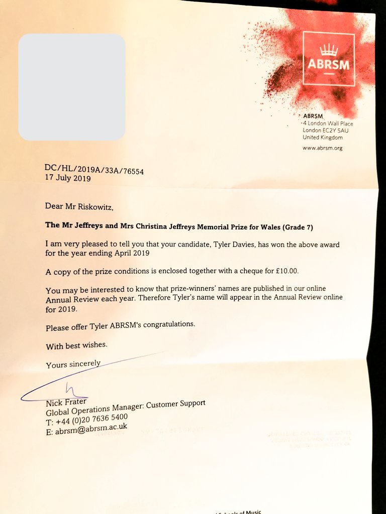 KellyDavies1975's tweet photo. Tyler came back from his holidays to this letter from @ABRSM . Highest marks in Wales for his grade 7 piano practical exam! So proud of all the hard work he puts into it paying off for him.xx @alunschool @cerddflintshire @Ffrindiau_Cerdd https://t.co/1rr39EEWUi