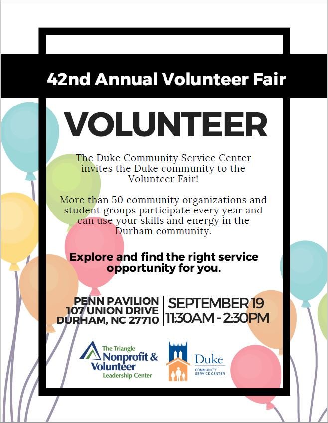 Duke_CSC's tweet image. Explore ways that you can lend a hand to a local community partner organization. Currently 80 organizations have registered to attend on Thursday, September 19.  We&apos;ll see you there!