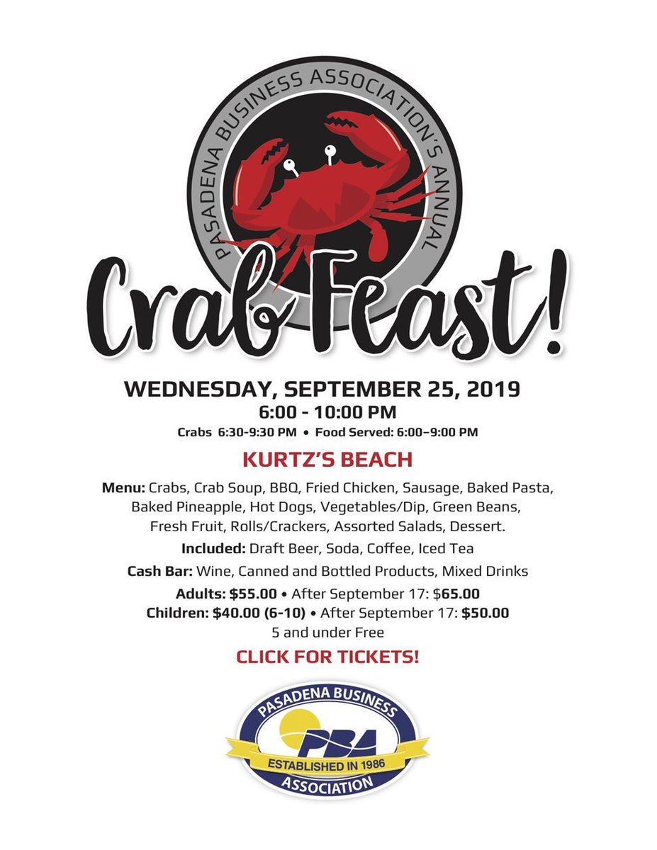 Join us for our awesome annual crab feast at Kurtz's Beach on September 25th.  Get your tickets at this link.
 #PBAMD #PBACrabFeast
pasadenabusinessassociation.com/event-3510396?…