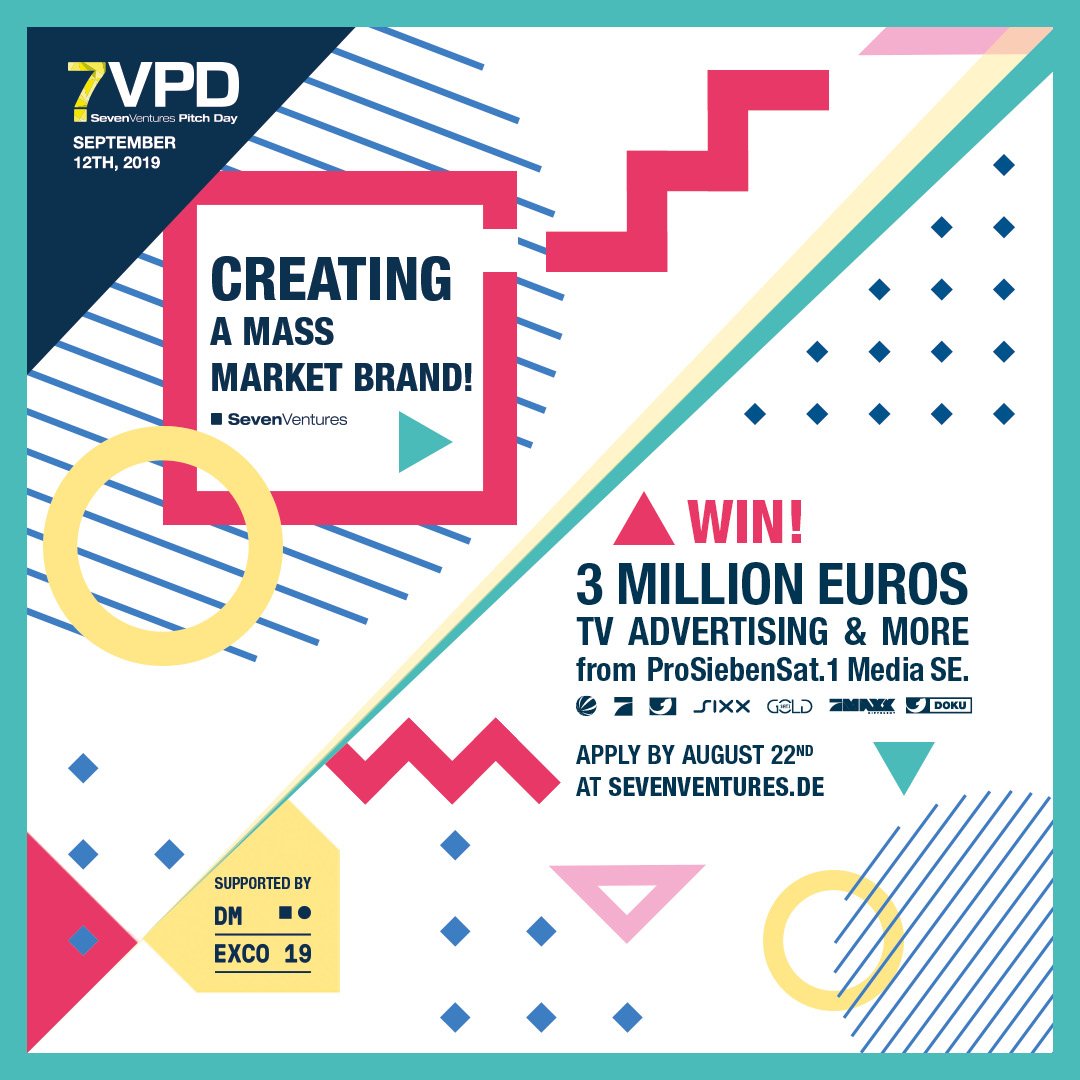 SevenVentures's tweet photo. SevenVentures Pitch Day 2019: ArtNight, CHOOOSE, Jodel und rebike1 kämpfen am 12. September auf der DMEXCO um einen millionenschweren Werbedeal der ProSiebenSat.1-Gruppe. Mehr dazu: https://t.co/VrPamU2B1z https://t.co/GxHpfXIO4M