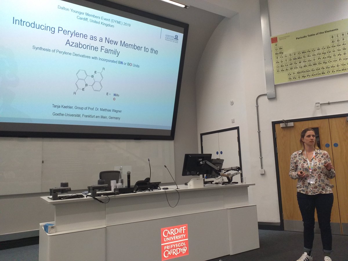 DYME2019's tweet photo. Our final speaker of the session, @KaeTanja is now sharing her research on perylene based azaborines #DYME2019 https://t.co/Nl97U1UddQ