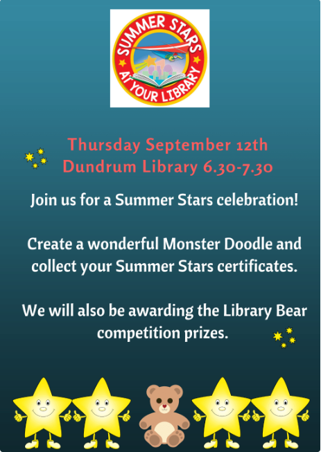 DLR_Libraries's tweet photo. #DundrumLibrary will host a Monster Doodle with Elida Maiques to celebrate the end of #SummerStars19 next Thurs. We will give certificates &amp; also our #LibraryBear drawing comp awards, as well as prizes for best review, picture etc. So come along for the last hurrah of the summer! https://t.co/Y2DB1fV0CY