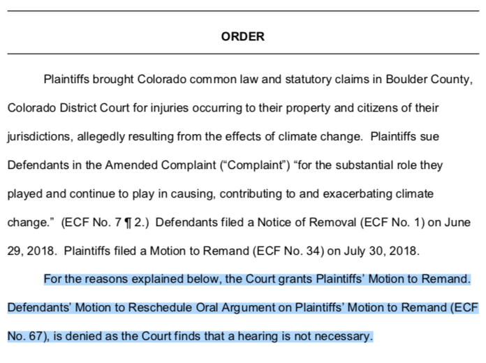 Kyle_Moler's tweet image. Last night a federal court remanded Boulder's lawsuit against ExxonMobil and Suncor back to state court. It's now the fourth case to be kicked back to the states. #ExxonKnew #MakePollutersPay