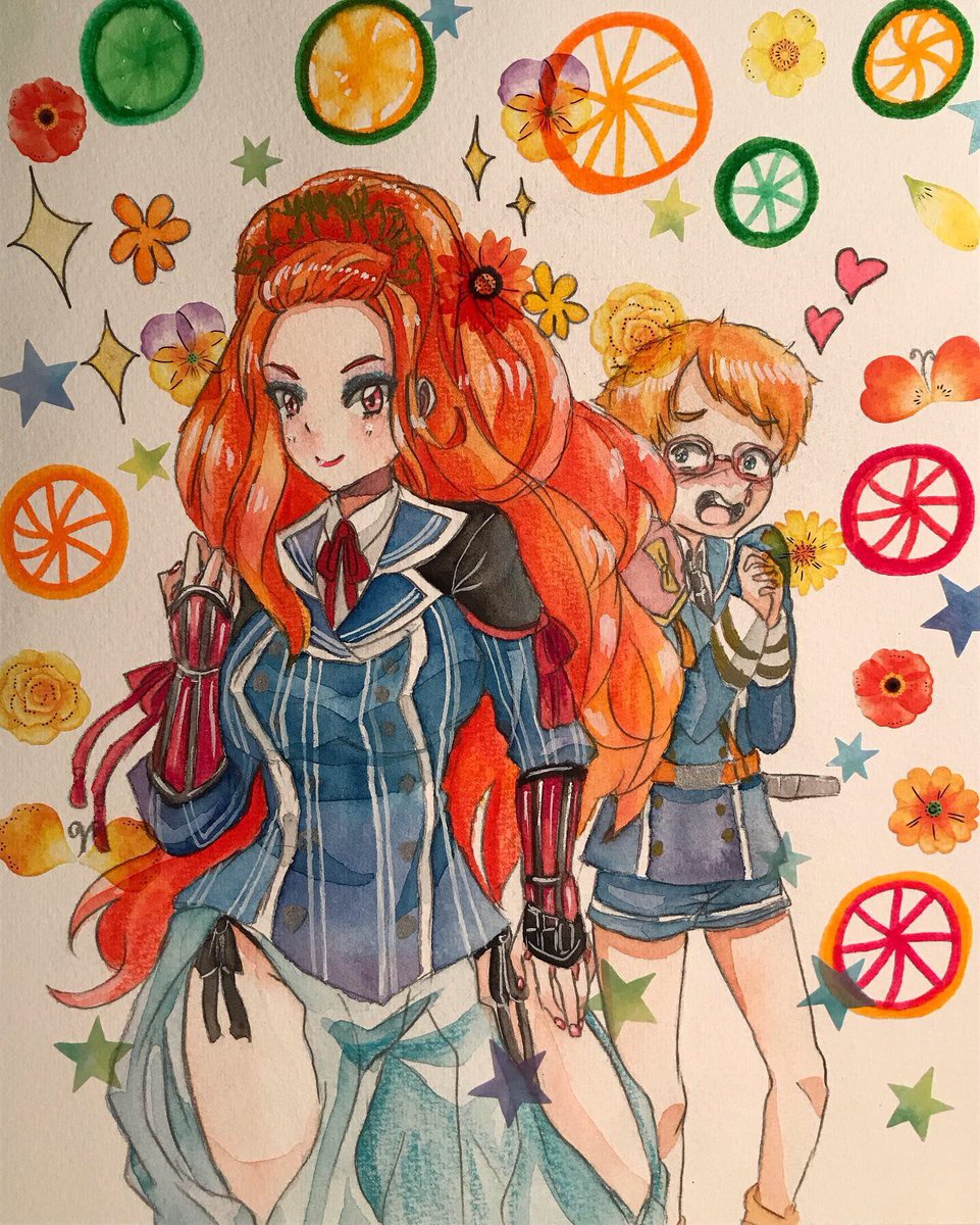 サンギナリアカナデンシス アナログイラスト シトラス系 柑橘類 国広派 粟田口 博多藤四郎 カエンボク アフリカンチューリップ 擬人化イラスト 刀剣乱舞イラスト 透明水彩