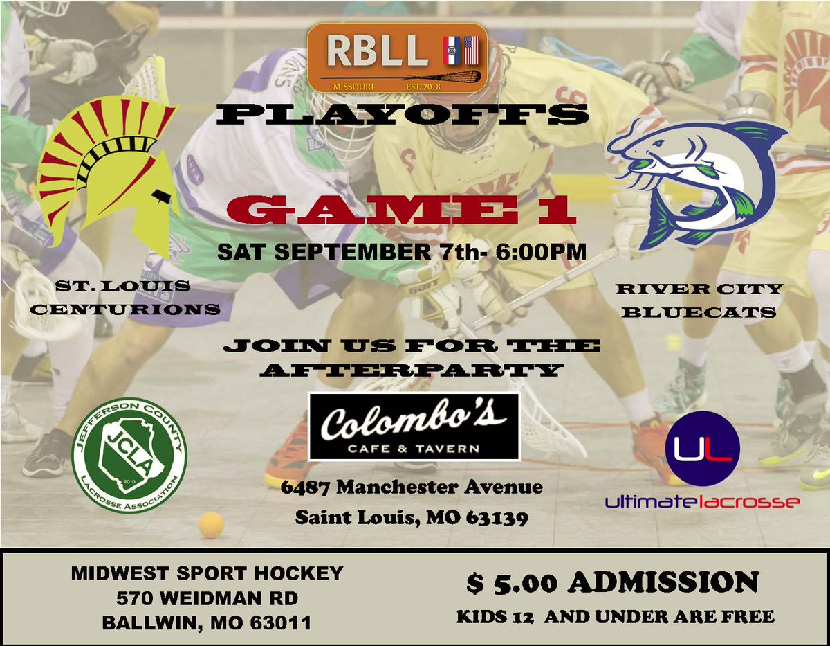 Playoff time! Come out Saturday night for a 6pm Faceoff at Midwest Sport Hockey. One more step on the way to the 2019 RBLL Missouri Title! Join us at Colombo's on Manchester afterward. #boxlacrosse