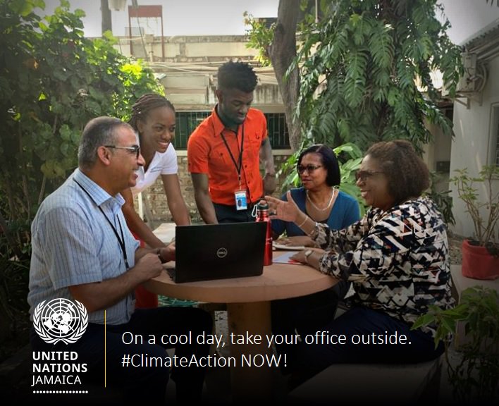 UNJamaica's tweet photo. With average temperatures of 30°C, this won't happen every day. But when we can, we turn the lights off and meet outside. We still only have one home planet. How will you save it? Take #ClimateActionNOw 🇺🇳
🐳🍃🌞🌗🎋💨🌩🌧🌊🌈🌫 https://t.co/gH22KIIFtr