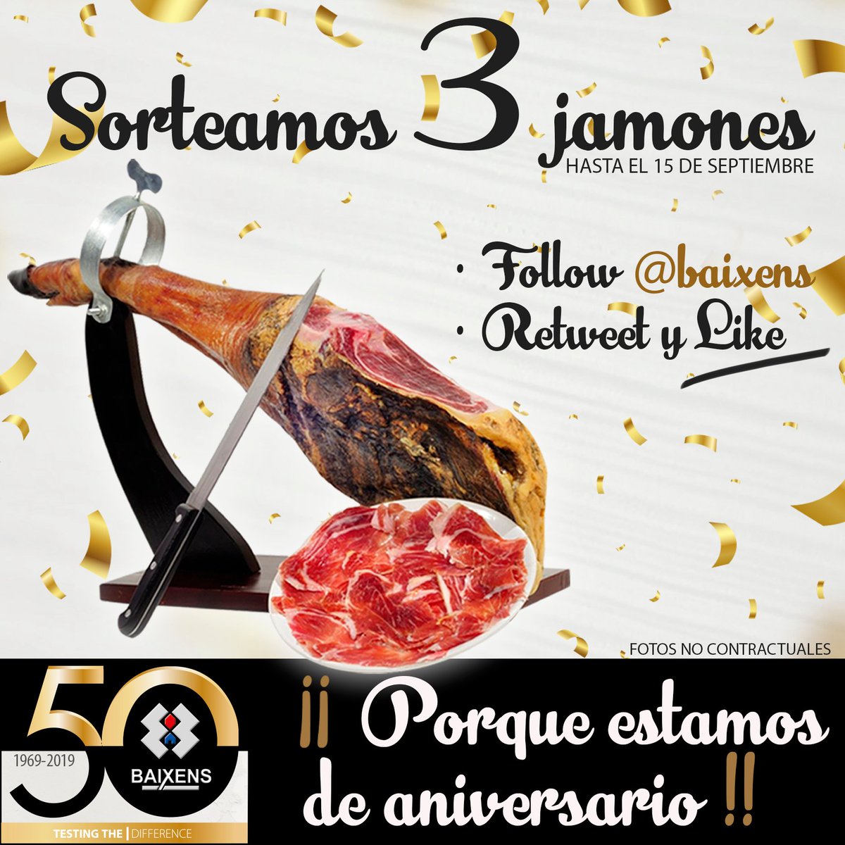 baixens's tweet photo. 🥳Estamos de aniversario y lo celebramos con vosotros ➡️ Sorteamos tres sabrosos jamones:

1⃣ Follow @baixens 
2⃣ Haz RT y Like

🕐Hasta el 15 de septiembre

ℹ️ Bases legales > https://t.co/xO5819Hcwp https://t.co/rYCoRxlUiO