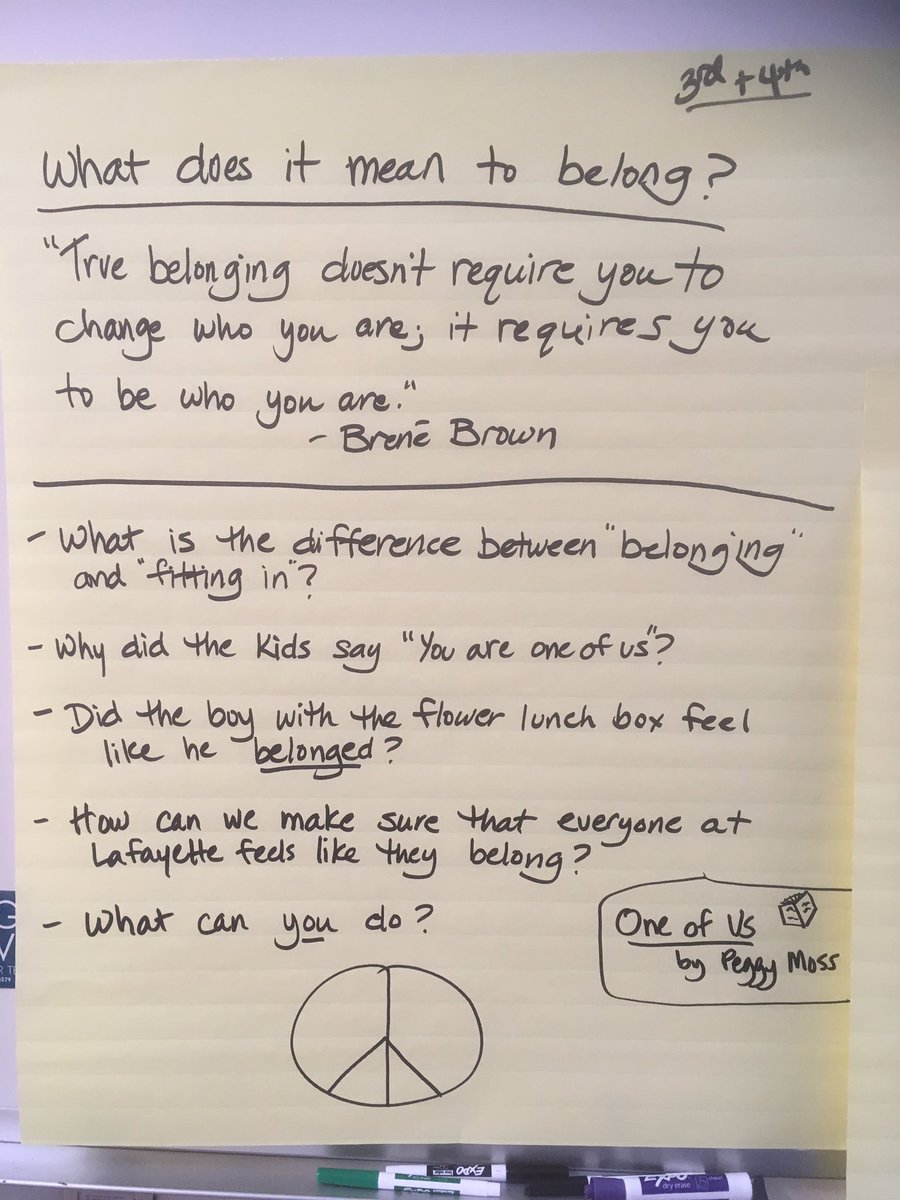 Peaceteacherdc's tweet photo. This week in Peace Class we are reading One of Us by Peggy Moss @saysomethingnow and talking about belonging with @BreneBrown quote. Asking what is the difference between belonging and fitting in? ☮️ @tilburyhouse @DCPS_SEL https://t.co/Pi5xnYvUgQ