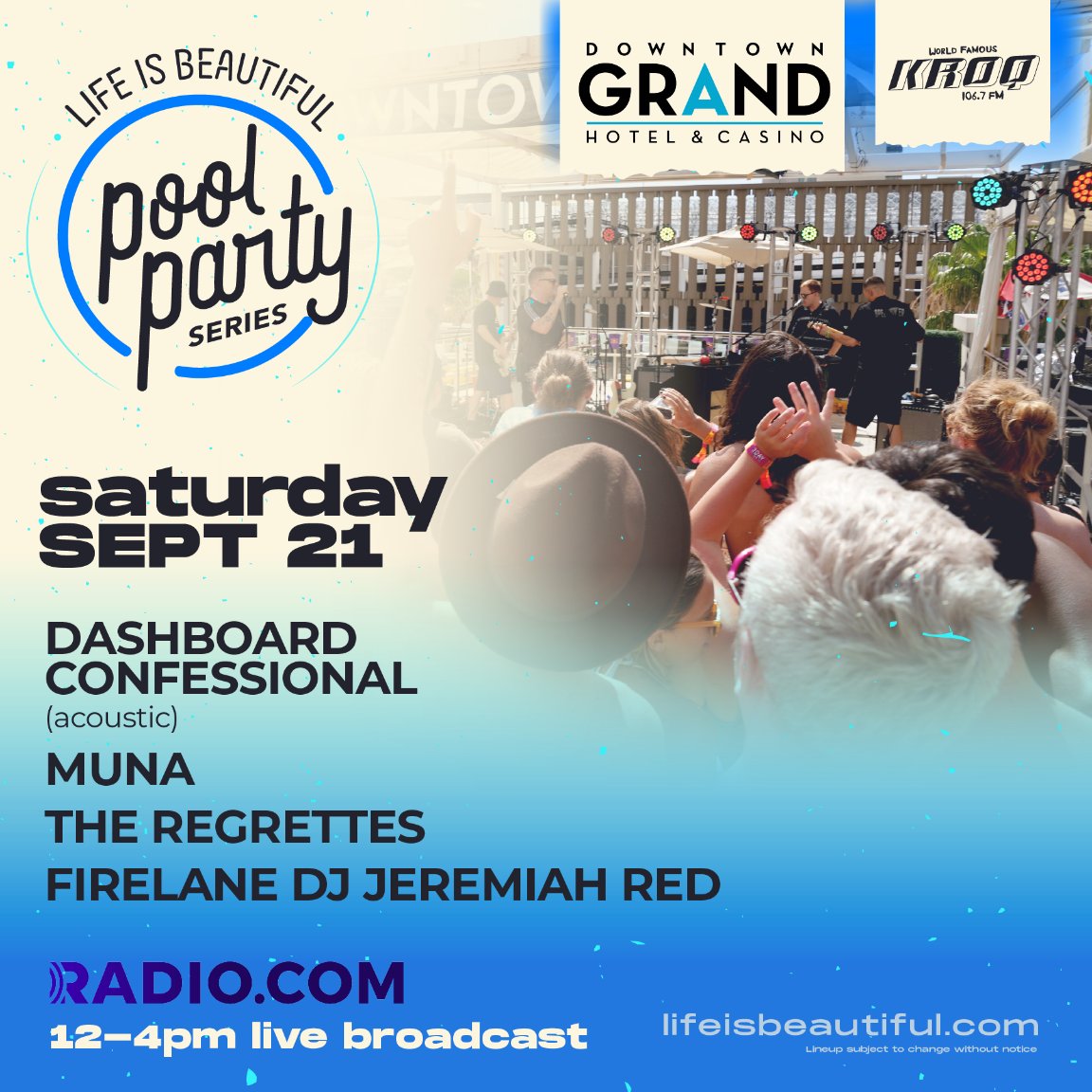 lifeisbeautiful's tweet photo. RSVP’d for the official #LifeisBeautiful2019 Pool Party Series yet? 😎@downtowngrandlv presents 3 epic days of #poolpartylife 🏊 Live broadcast 12-4 by @971ampradio (Fri), @kroq (Sat), and https://t.co/IAOhJBV5uQ’s @wearechannelq (Sun). RSVP at https://t.co/s962fpMbk5 https://t.co/Rgaexbdjy9