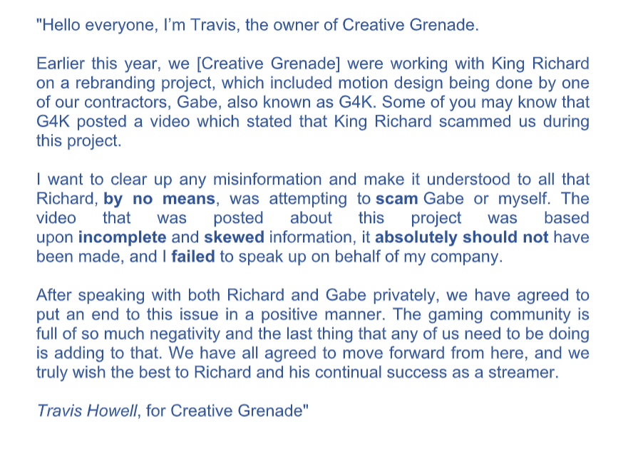 KingRichard's tweet photo. @KingRichard Vindicated of Scammer Allegations!  @CreativeGrenade https://t.co/CcrrqjcxR6