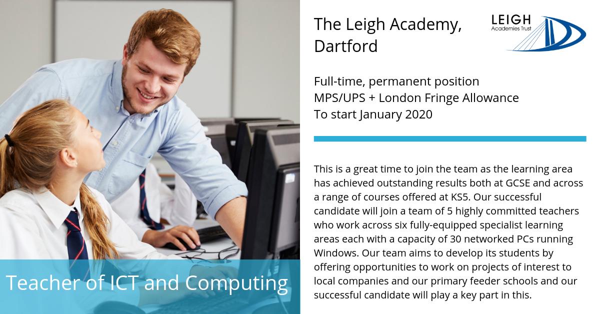 For more information and to apply: bit.ly/2kvUBoA

#TeacherofICT #Teacherofcomputing #Teacher #Teaching #Dartford #Kent