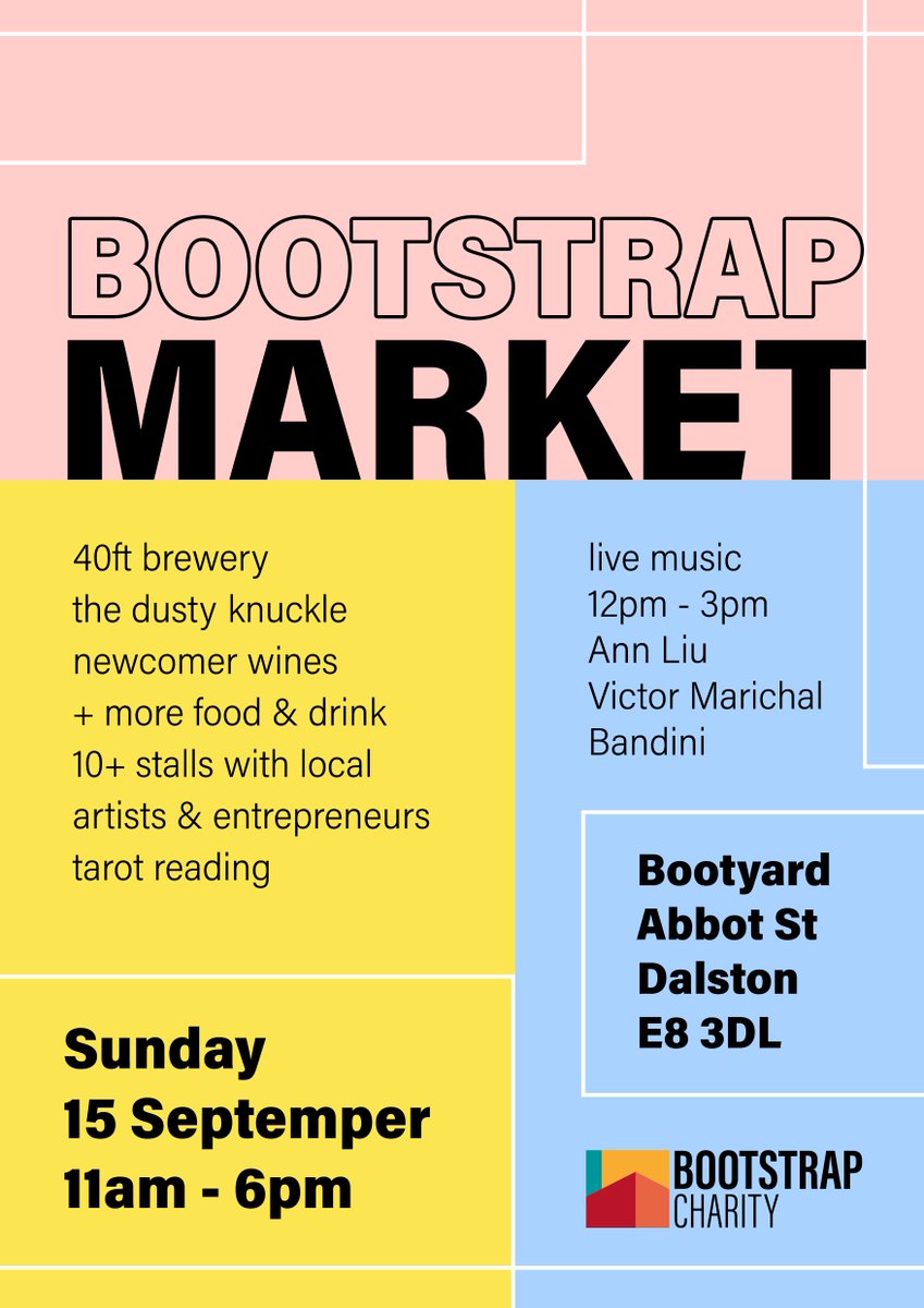 We are happy to present our first market! Bootstrap Market will happen on Sunday 15th September at the Bootyard from 11am to 6pm. Food &amp; drinks, arts &amp; crafts, live music and more! facebook.com/events/4697166…