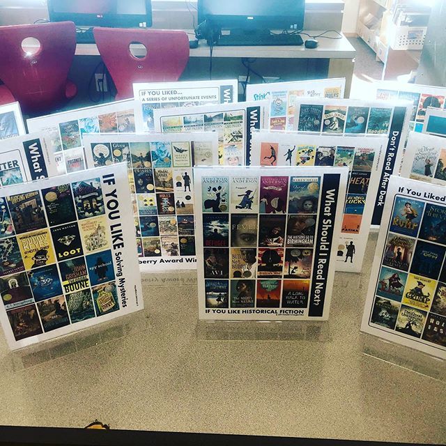 LibraryCarver's tweet photo. New book recommendation signs are ready to go on the shelves. Working to encourage our #carvercolts to try other books 😉 Thanks to the Book Wrangler for the amazing signs! #gisdlibraries #gisdproud https://t.co/oaBhcQox23 https://t.co/vCx5NMv3hA