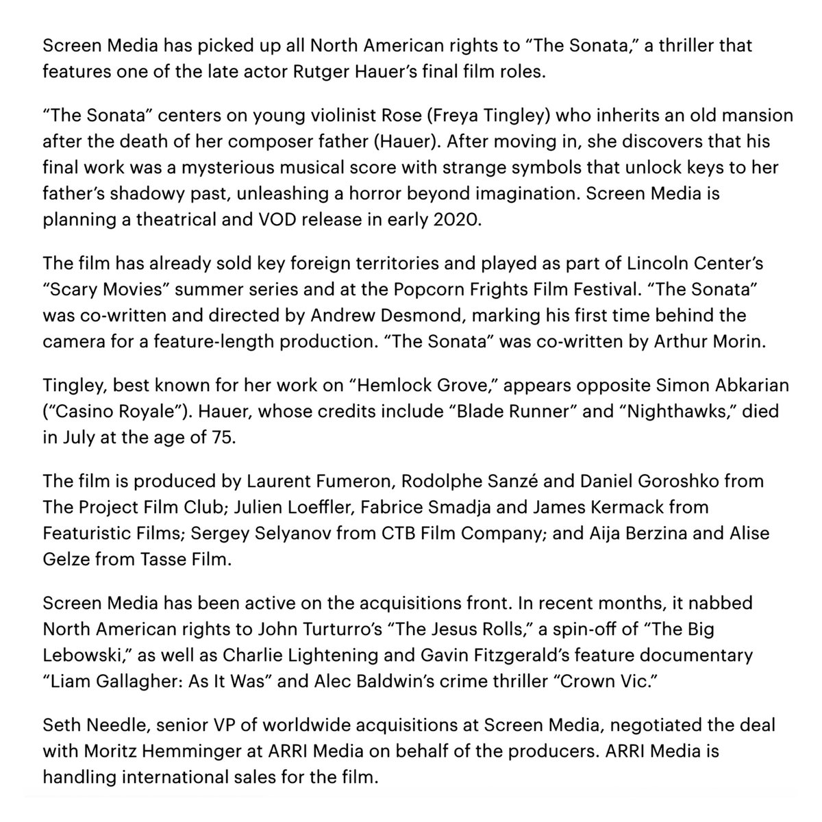 Excited to announce that Screen Media has picked up all North American rights to The Sonata! Screen Media is planning a theatrical and VOD release in early 2020 #thesonatamovie
