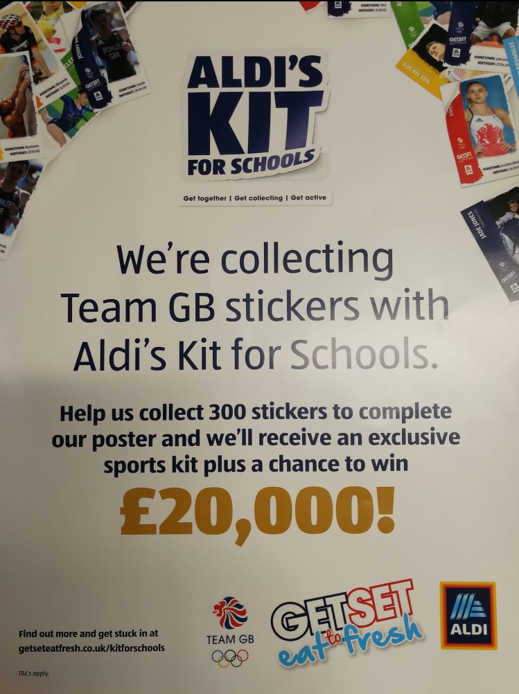 🎉Calling all Aldi Shoppers!! 🎉
From today, if you spend £30 or more at Aldi you should receive a TeamGB sticker that could help us receive a new sports kit and have a chance of winning £20,000! 
Just send the stickers in with your child which will go on a poster in the hall. 😄