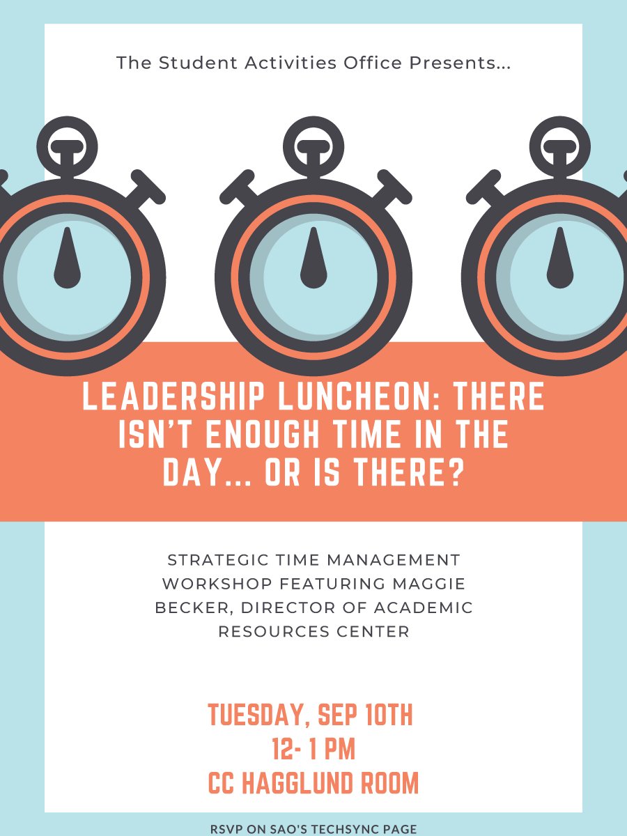 Please join SAO for our A Term Leadership Luncheon featuring Maggie Becker! Maggie will be putting on a strategic time-management workshop for student leaders entitled "There Isn't Enough Time In The Day...Or Is There?" RSVP with the link below!
wpi.campuslabs.com/engage/event/3…