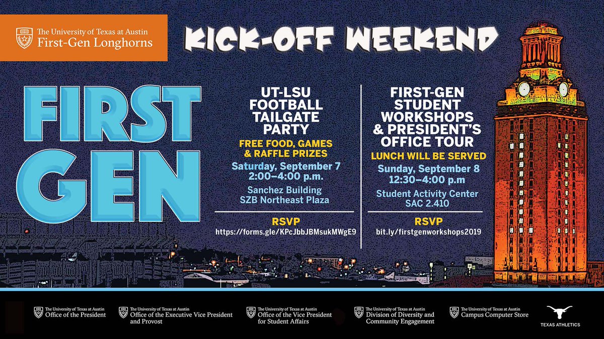 UTorientation's tweet image. Check out events from @1stGenLonghorns for First Gen Kick-Off Weekend! #FirstGenLonghorns #UT23