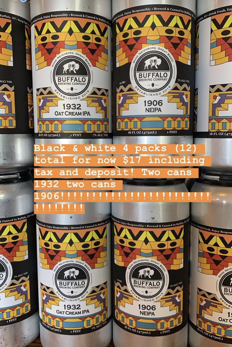 Buffalo Brewing Company (@bflobrewingco) on Twitter photo Stop in today and stock up! We have a handful of black & white four packs for sale today! Open from 4-10! #drinklocal #buffalo #craftbeer #thinknydrinkny #tgif #hashtagstepoutbuffalo Stop in today and stock up! We have a handful of black & white four packs for sale today! Open from 4-10! #drinklocal #buffalo #craftbeer #thinknydrinkny #tgif #hashtagstepoutbuffalo