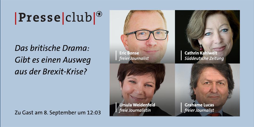 ARD_Presseclub's tweet image. Über die #Brexit-Krise diskutiert @EEhni im #presseclub mit @SZ-Korrespondentin @CathrinKahlweit, EU-Korrespondent Eric Bonse (@tazgezwitscher, @cicero_online), der freien Wirtschaftsjournalistin Ursula Weidenfeld und dem brit. Journalisten @GrahameLucas, u.a. @DeutscheWelle