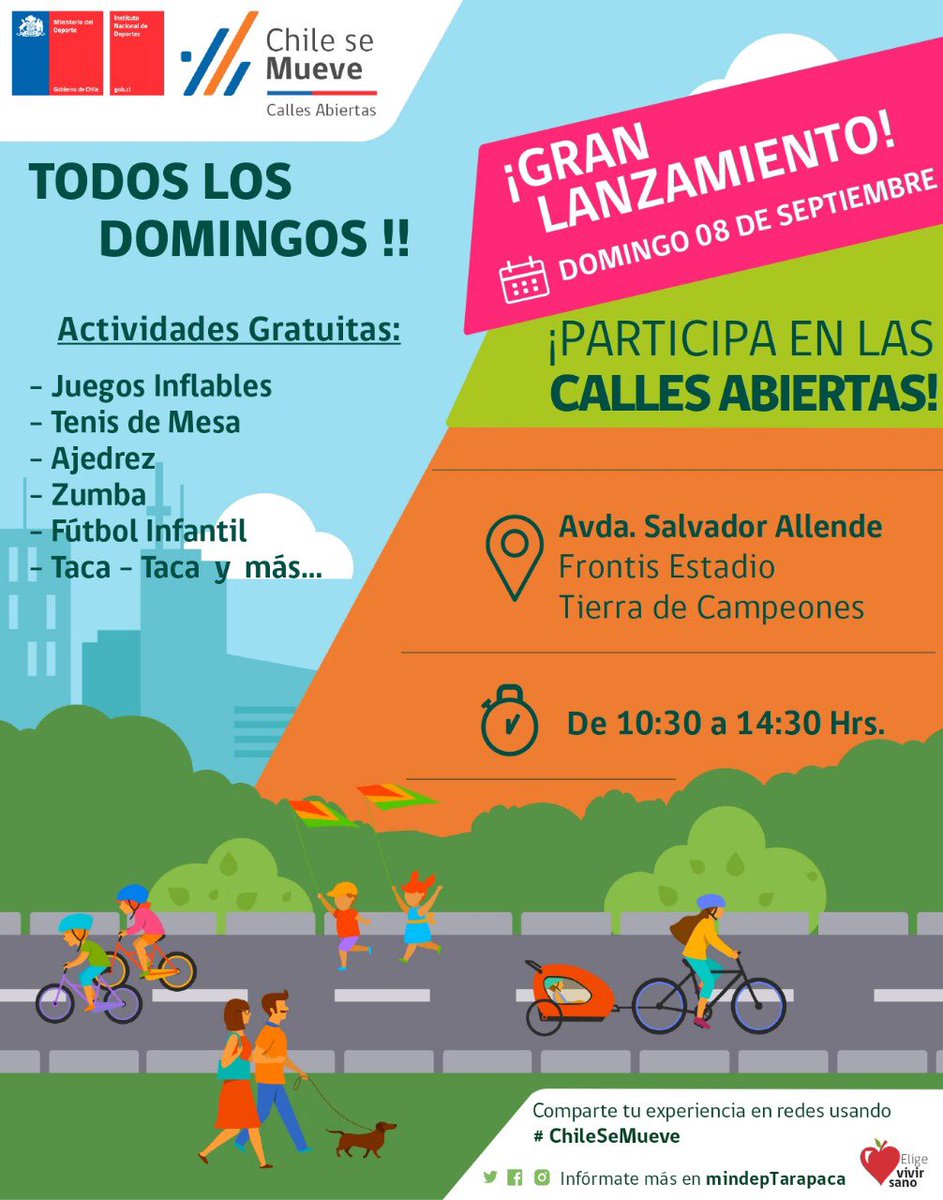 V_teletonIqq's tweet photo. ¡Buenos días amigos! 😀

➡️ Queremos informales que @MindepTarapaca invita a todos nuestros seguidores a participar los domingos en las calles abiertas que se realizarán en avda. salvador Allende, frontis estadio tierra de campeones 💪 desde las 10:30 a 14:30

¡Los esperamos! 😎 https://t.co/21EktiTTCm