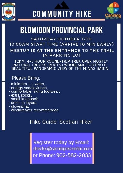 CanningRec's tweet photo. Join @scotianhiker and the Canning Rec department at Blomidon Provincial Park for a community hike on October 12th at 10am! This is a FREE guided hike! For more information and to register email director@canningrecreation.com ! #hikenovascotia https://t.co/5CLXN91M3E
