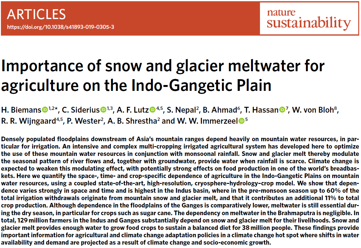 Samuel Morin Importance Of Snow Glacier Meltwater For Agriculture On The Indo Gangetic Plain By Biemans Et Al Naturesustainab T Co Nf23ledgwe It Is Often Claimed That Glacier Snow Melt Water