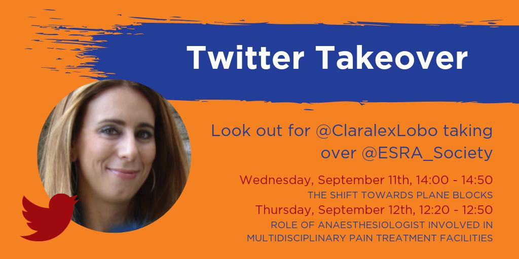 ESRA_Society's tweet photo. We're excited to have @claralexlobo taking over our feed during #ESRA2019!
Don't miss out on her insights
#TwitterTakeover #PlaneBlocks #PainTherapy https://t.co/hgCZ06OUUw
