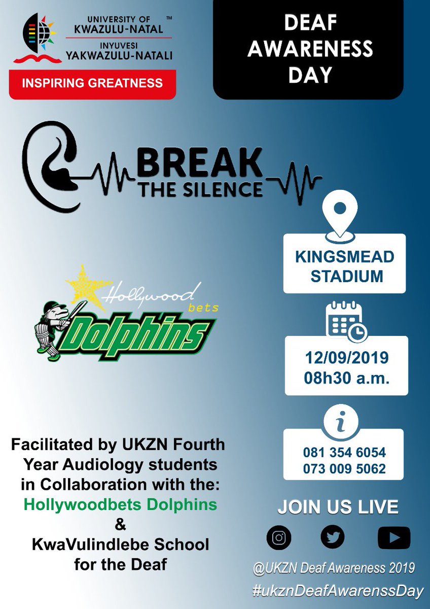 2019Ukzn's tweet photo. CONFIRMED: The @DolphinsCricket will be engaging in fun activities with learners from KwaVulindlebe School for the Deaf. This is part of the Deaf Awareness Campaign facilitated by @UKZN fourth year audiology students to raise awareness about the Deaf culture. https://t.co/TIh668pqQE